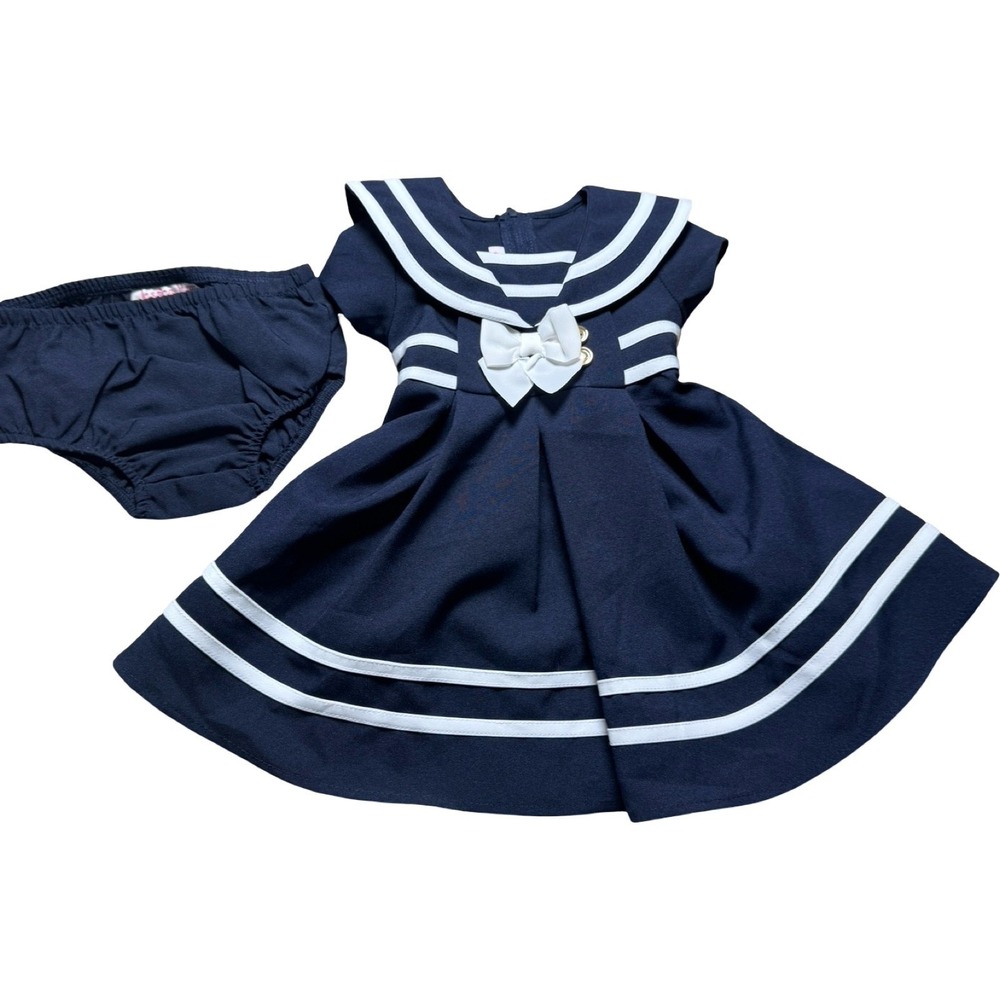 Jessica Ann Sailor Dress Set Baby Girls 12M Navy Blue Good Nautical Stripe Bow